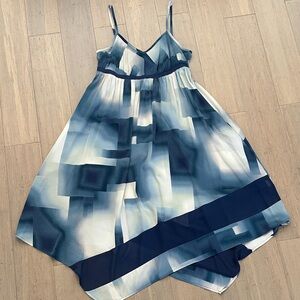 Geometric Blue and Cream Flowy Handkerchief Asymmetrical Sundress